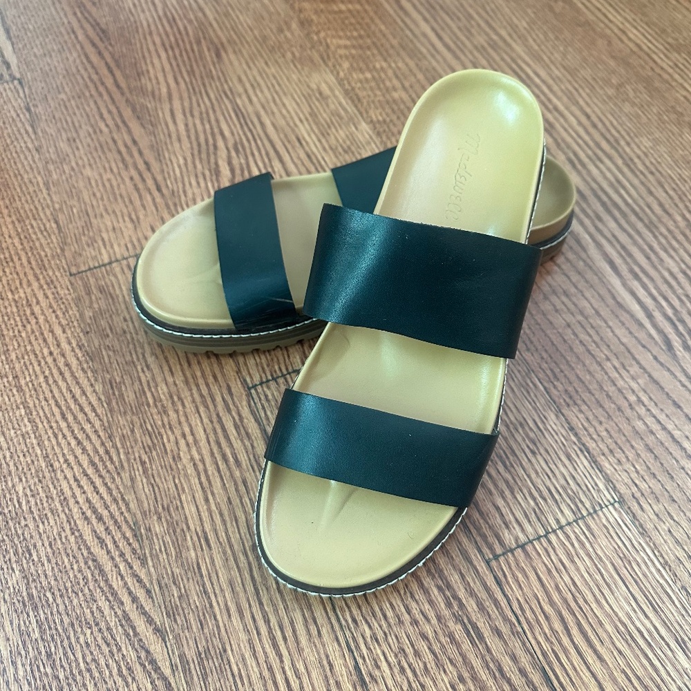 Madewell Black and Tan Double Strap Slide Sandals